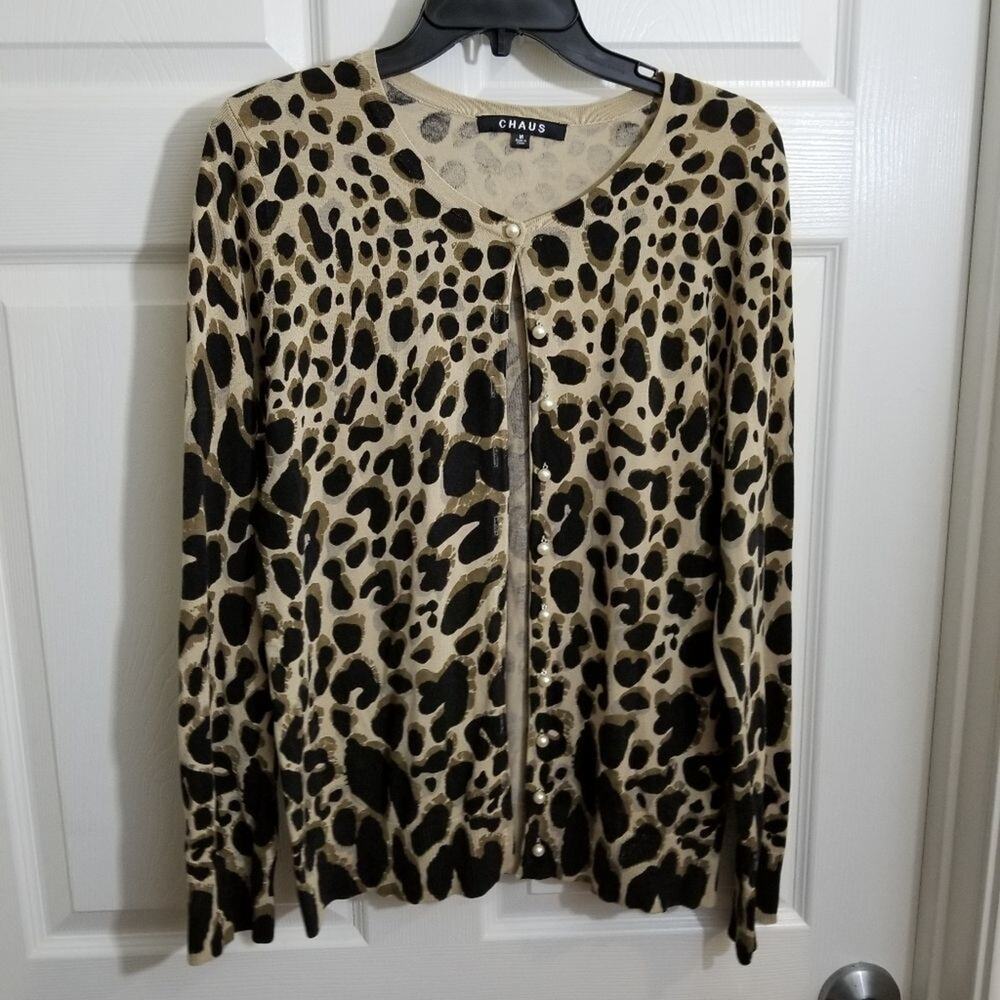 Chaus ocelot animal print sweater cardigan‎ pearl Button Women's Size medium
